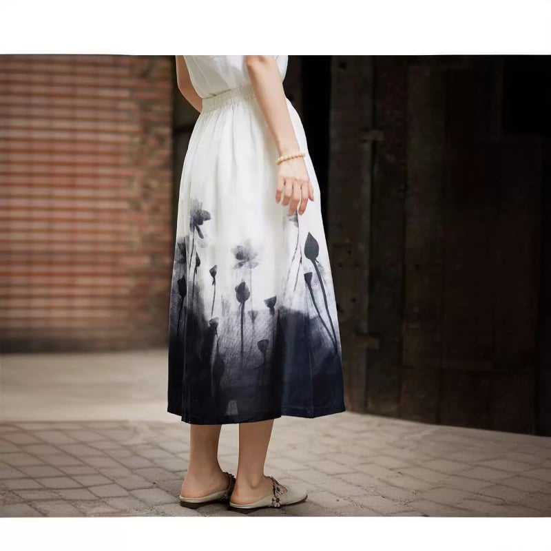 Ljetna suknja od ramije s tie-dye printom u ink-wash stilu, slobodan kroj, midi duljina