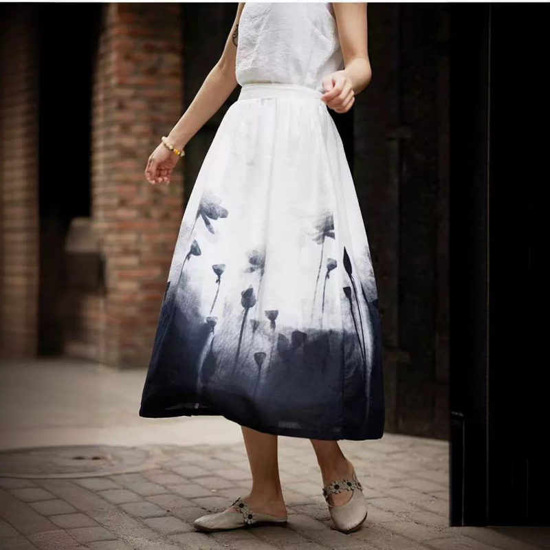 Ljetna suknja od ramije s tie-dye printom u ink-wash stilu, slobodan kroj, midi duljina