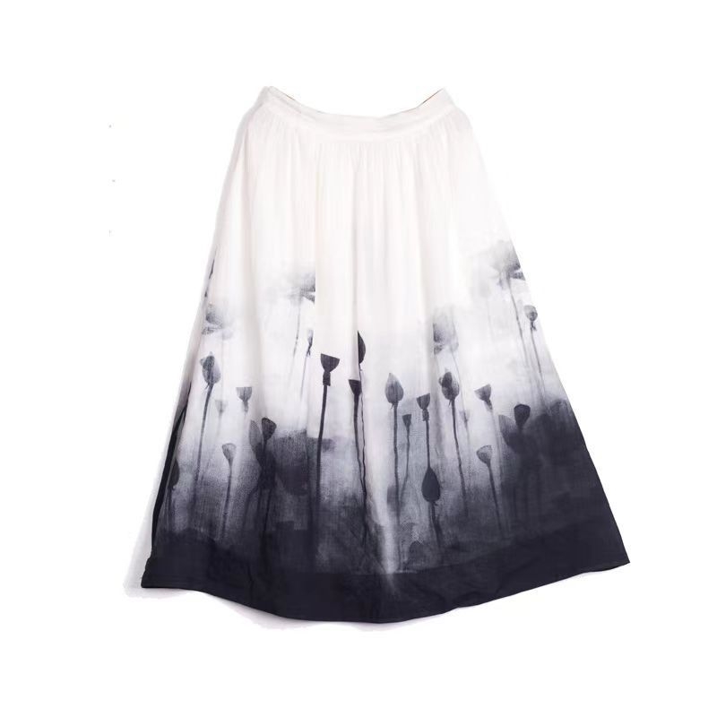 Ljetna suknja od ramije s tie-dye printom u ink-wash stilu, slobodan kroj, midi duljina