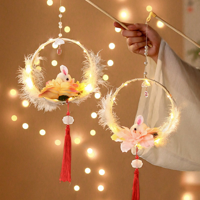 Kit DIY pentru copii: lampion cu iepuraș în stil antic, formă rotundă, mâner de mână, Anul Nou 2026