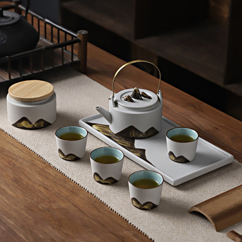 Set Gongfu din ceramică neagră, complet pentru casă, în cutie cadou minimalistă, ceainic cu mâner