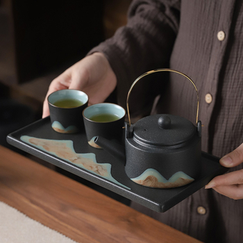 Set Gongfu din ceramică neagră, complet pentru casă, în cutie cadou minimalistă, ceainic cu mâner