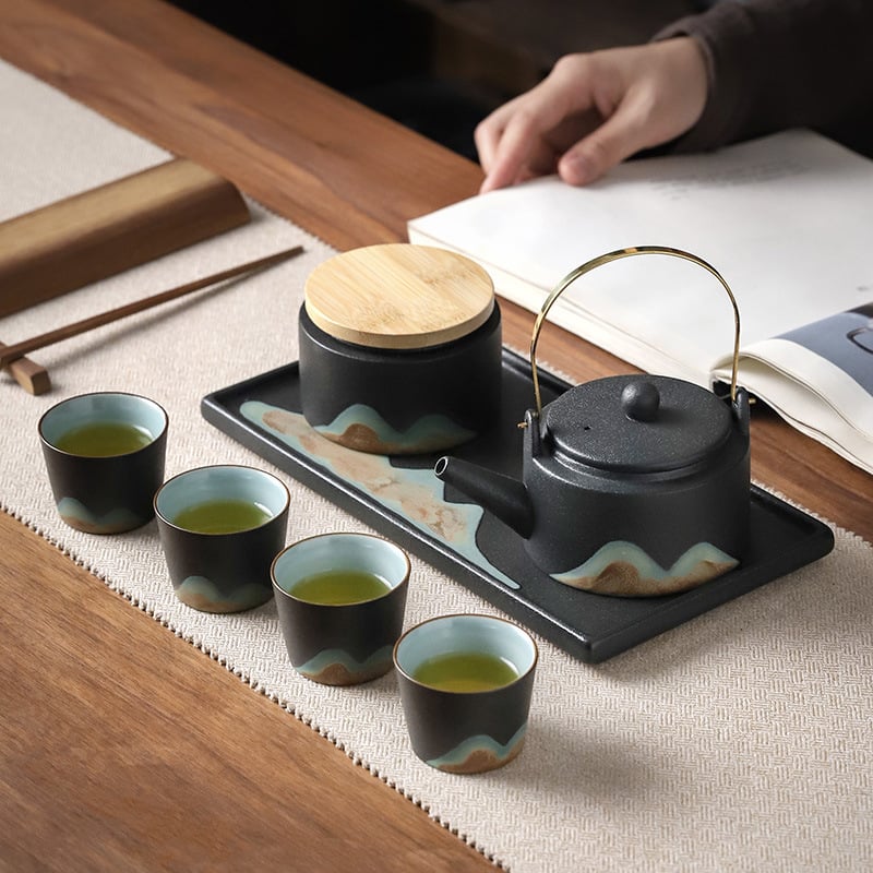 Set Gongfu din ceramică neagră, complet pentru casă, în cutie cadou minimalistă, ceainic cu mâner