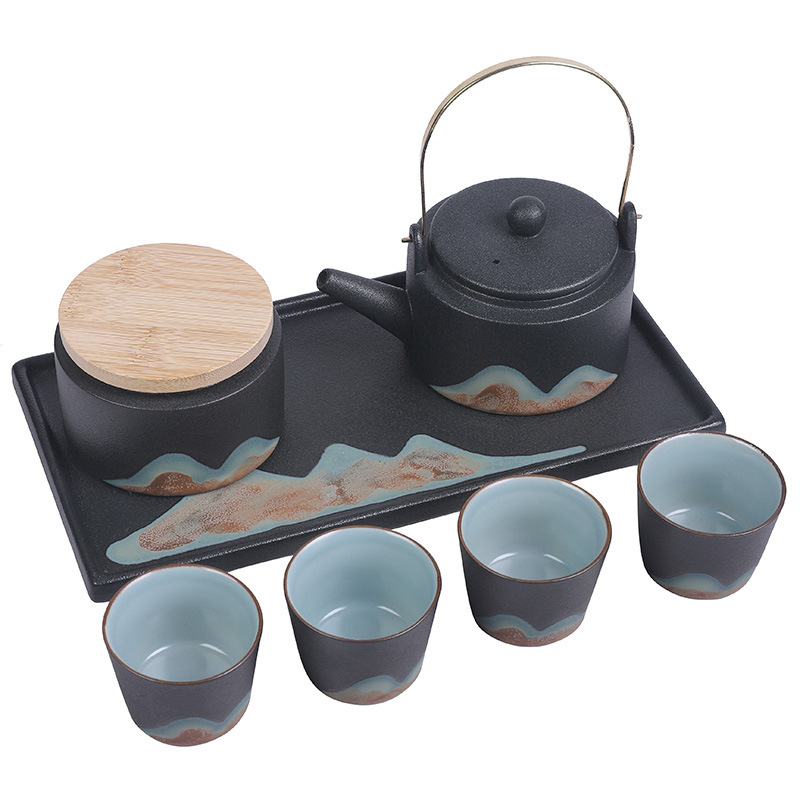 Set Gongfu din ceramică neagră, complet pentru casă, în cutie cadou minimalistă, ceainic cu mâner