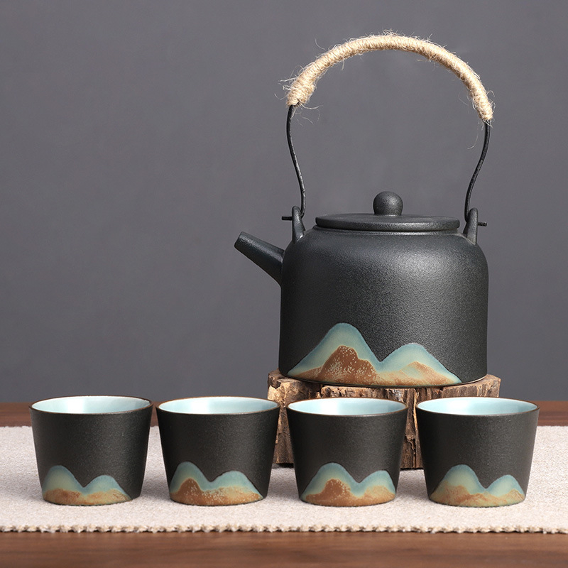 Set Gongfu din ceramică neagră, complet pentru casă, în cutie cadou minimalistă, ceainic cu mâner