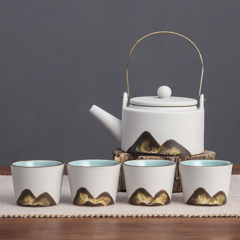 Set Gongfu din ceramică neagră, complet pentru casă, în cutie cadou minimalistă, ceainic cu mâner