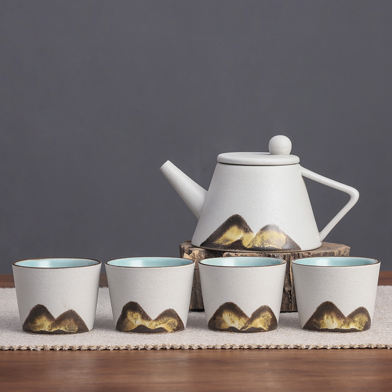 Set Gongfu din ceramică neagră, complet pentru casă, în cutie cadou minimalistă, ceainic cu mâner