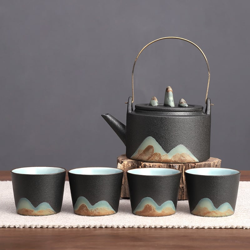 Set Gongfu din ceramică neagră, complet pentru casă, în cutie cadou minimalistă, ceainic cu mâner