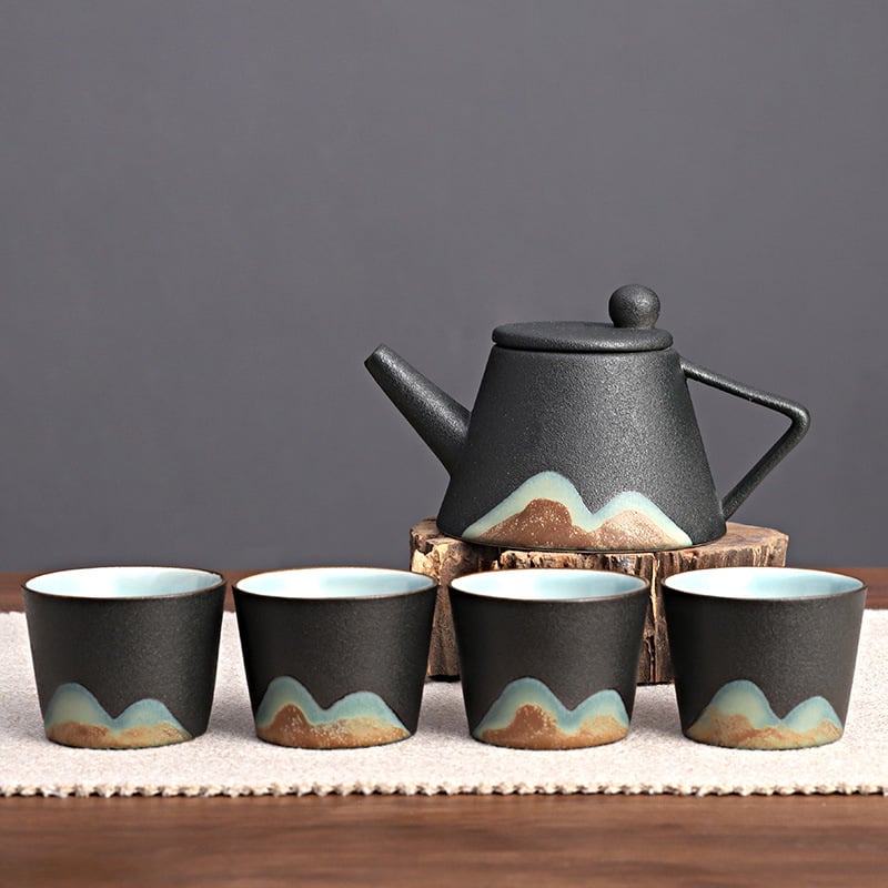 Set Gongfu din ceramică neagră, complet pentru casă, în cutie cadou minimalistă, ceainic cu mâner