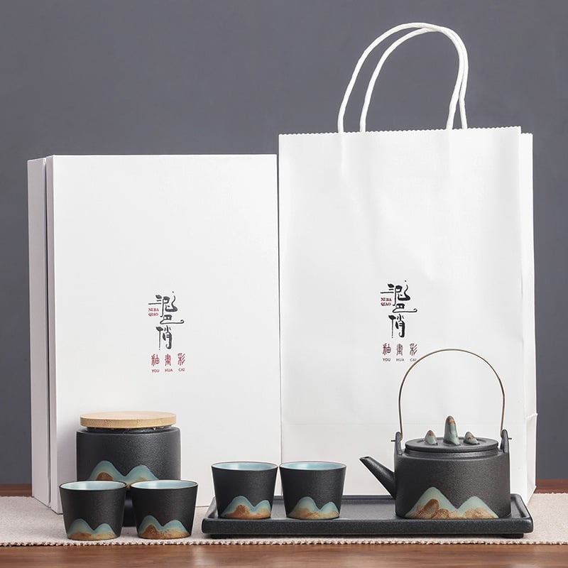 Set Gongfu din ceramică neagră, complet pentru casă, în cutie cadou minimalistă, ceainic cu mâner