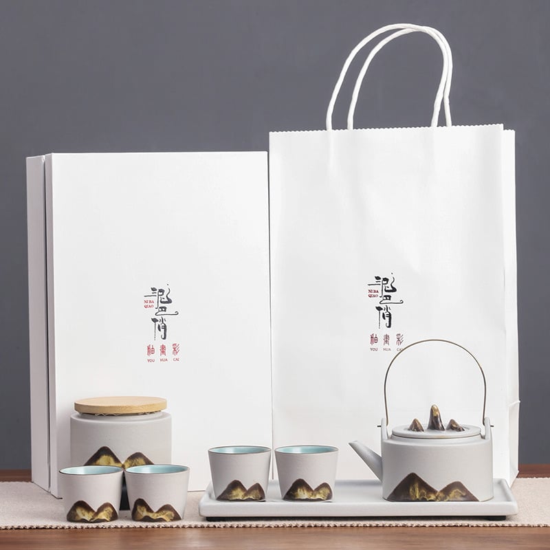 Set Gongfu din ceramică neagră, complet pentru casă, în cutie cadou minimalistă, ceainic cu mâner