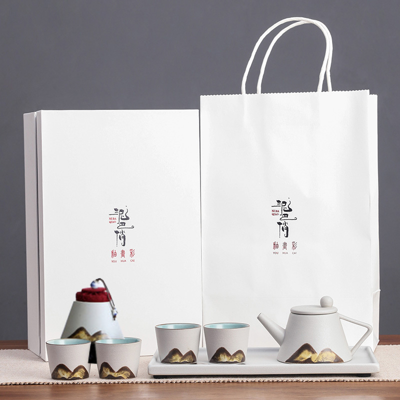 Set Gongfu din ceramică neagră, complet pentru casă, în cutie cadou minimalistă, ceainic cu mâner