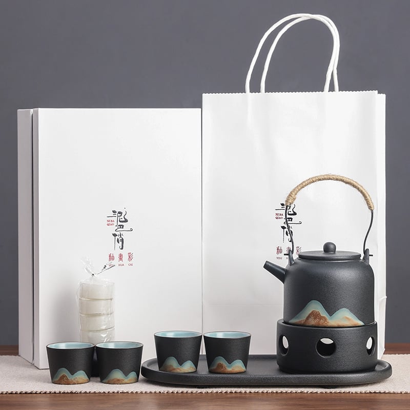 Set Gongfu din ceramică neagră, complet pentru casă, în cutie cadou minimalistă, ceainic cu mâner