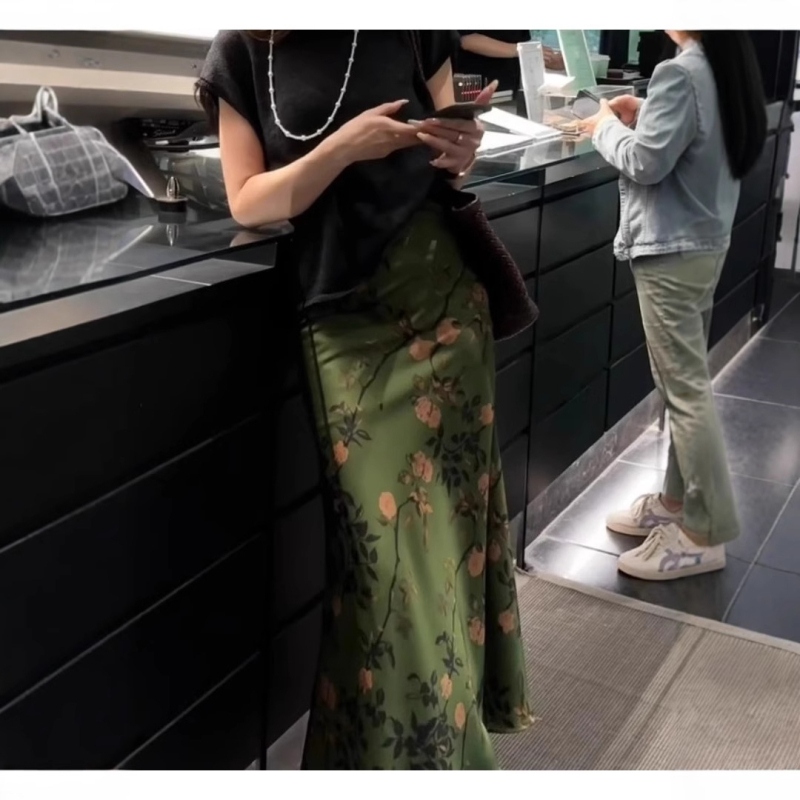 Visokokvalitetna zelena tiskana midi suknja za žene, 2025 nova moda, francuski vintage nadahnuće, A-linija