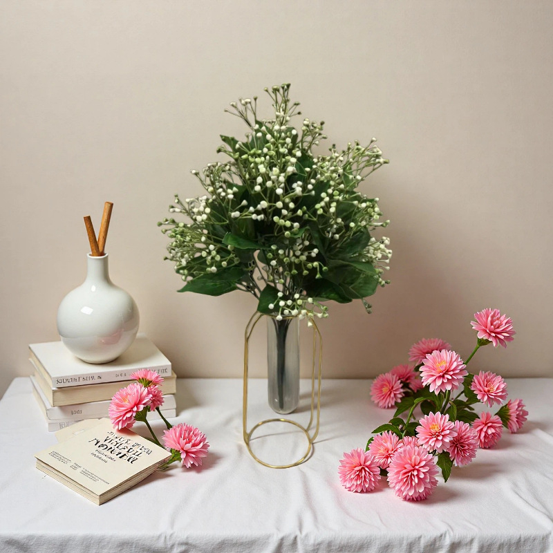 18 capete de flori artificiale cu frunze de trandafir și Gypsophila, pentru decor în casă și hotel, flori din plastic pentru aranjamente