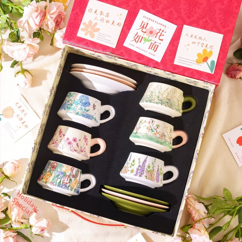 Set de cești de cafea și farfurioare în stil franțuzesc, cu inspirație forestieră, într-o cutie cadou elegantă, pentru ceaiul de după-amiază și cadouri de nuntă.
