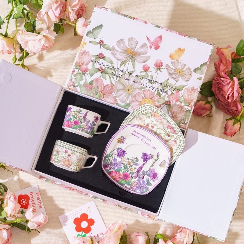 Set de cești de cafea și farfurioare în stil franțuzesc, cu inspirație forestieră, într-o cutie cadou elegantă, pentru ceaiul de după-amiază și cadouri de nuntă.