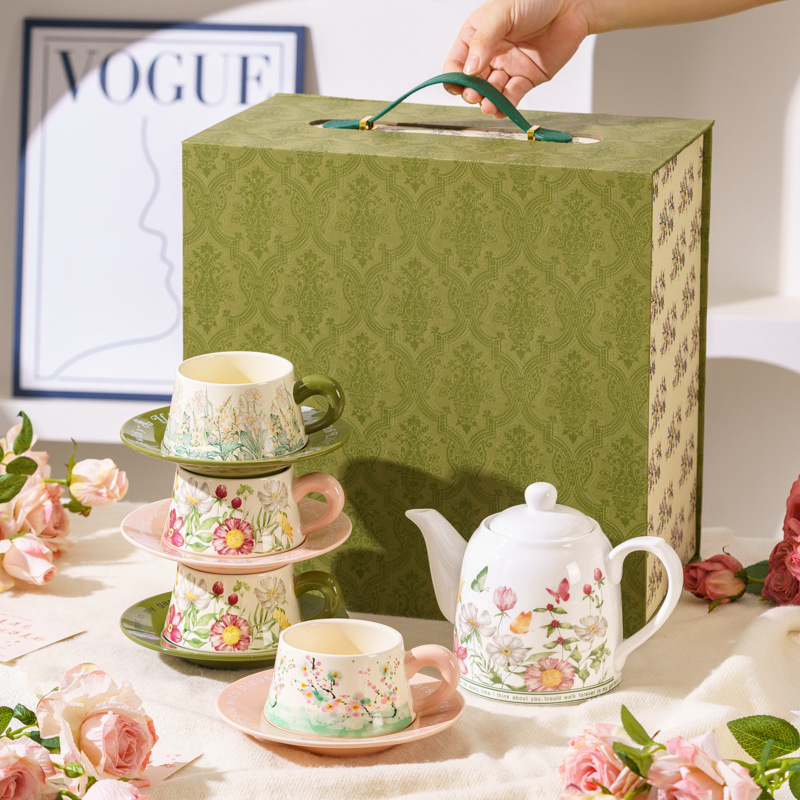 Set de cești de cafea și farfurioare în stil franțuzesc, cu inspirație forestieră, într-o cutie cadou elegantă, pentru ceaiul de după-amiază și cadouri de nuntă.
