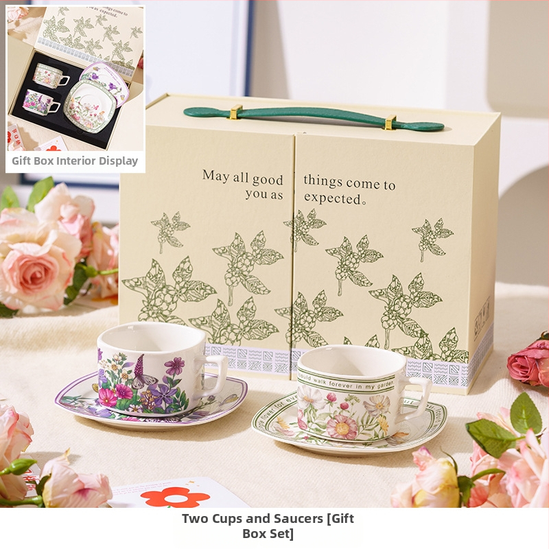 Set de cești de cafea și farfurioare în stil franțuzesc, cu inspirație forestieră, într-o cutie cadou elegantă, pentru ceaiul de după-amiază și cadouri de nuntă.