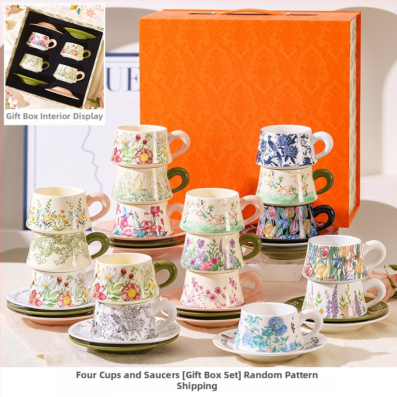 Set de cești de cafea și farfurioare în stil franțuzesc, cu inspirație forestieră, într-o cutie cadou elegantă, pentru ceaiul de după-amiază și cadouri de nuntă.
