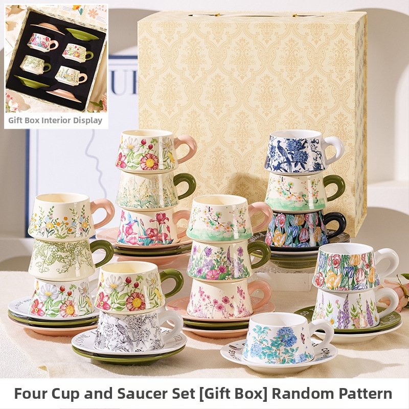 Set de cești de cafea și farfurioare în stil franțuzesc, cu inspirație forestieră, într-o cutie cadou elegantă, pentru ceaiul de după-amiază și cadouri de nuntă.