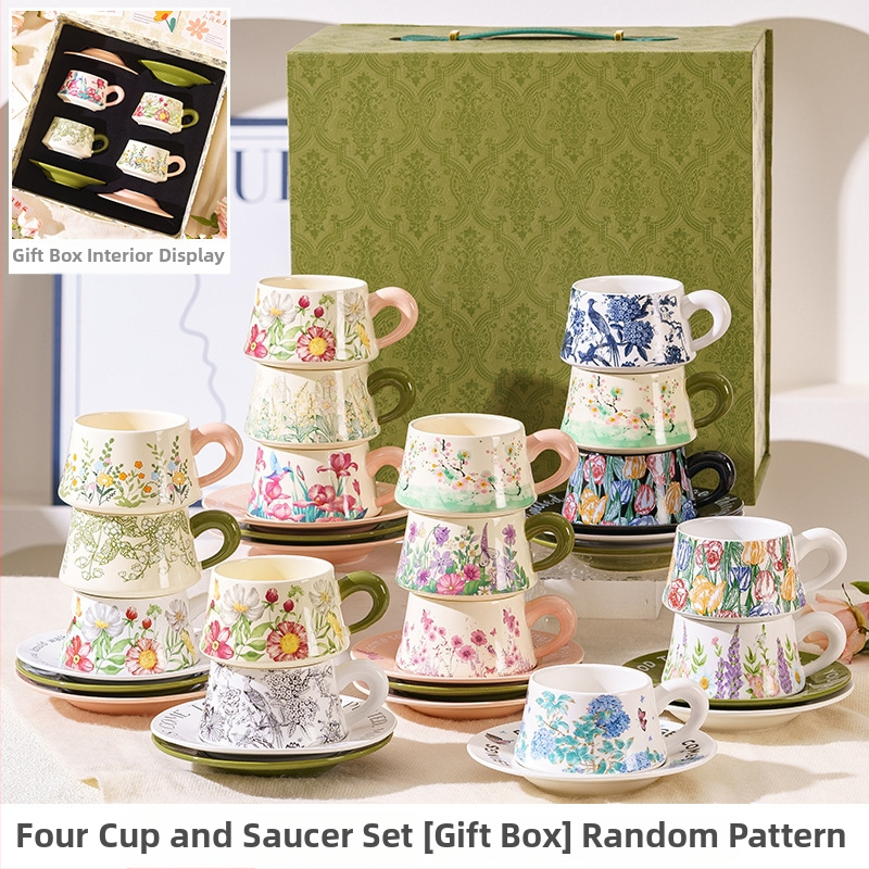 Set de cești de cafea și farfurioare în stil franțuzesc, cu inspirație forestieră, într-o cutie cadou elegantă, pentru ceaiul de după-amiază și cadouri de nuntă.