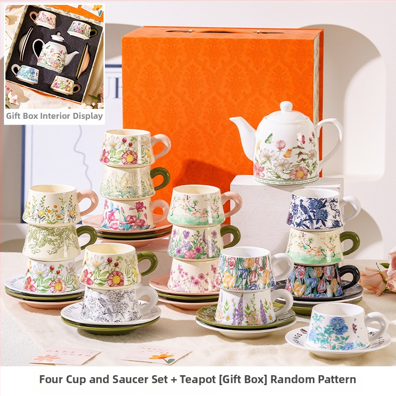 Set de cești de cafea și farfurioare în stil franțuzesc, cu inspirație forestieră, într-o cutie cadou elegantă, pentru ceaiul de după-amiază și cadouri de nuntă.