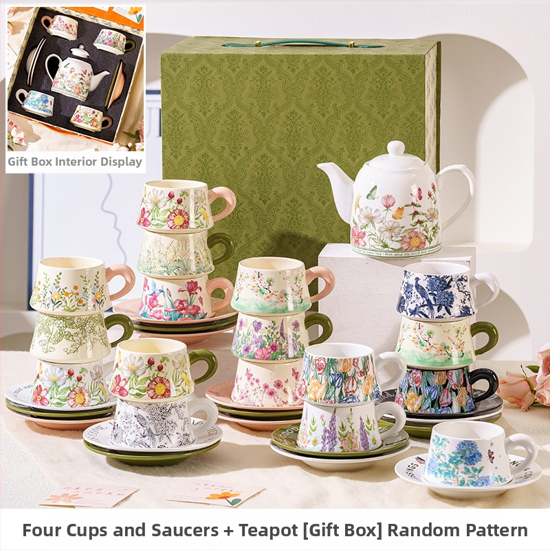 Set de cești de cafea și farfurioare în stil franțuzesc, cu inspirație forestieră, într-o cutie cadou elegantă, pentru ceaiul de după-amiază și cadouri de nuntă.