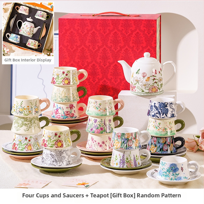 Set de cești de cafea și farfurioare în stil franțuzesc, cu inspirație forestieră, într-o cutie cadou elegantă, pentru ceaiul de după-amiază și cadouri de nuntă.