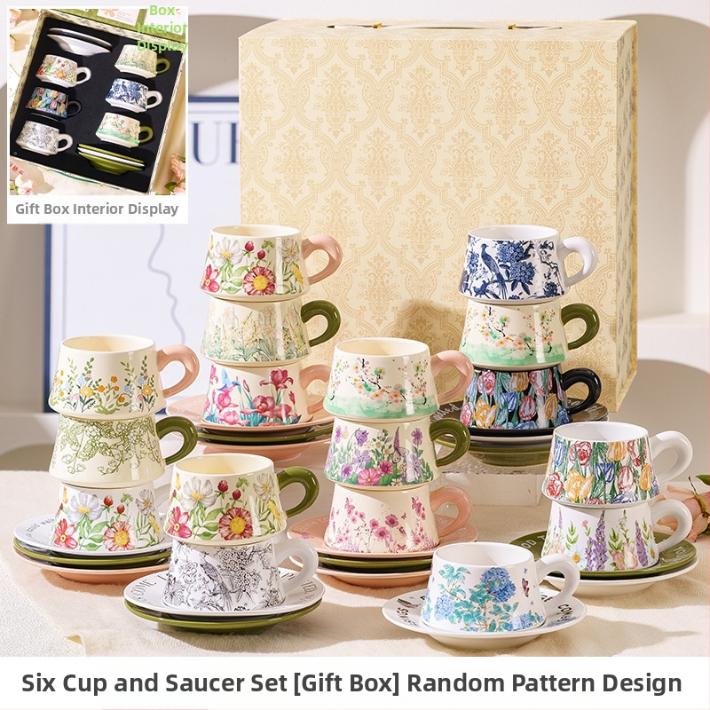 Set de cești de cafea și farfurioare în stil franțuzesc, cu inspirație forestieră, într-o cutie cadou elegantă, pentru ceaiul de după-amiază și cadouri de nuntă.
