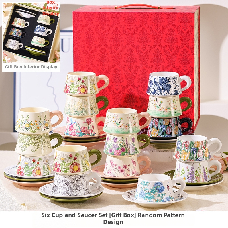 Set de cești de cafea și farfurioare în stil franțuzesc, cu inspirație forestieră, într-o cutie cadou elegantă, pentru ceaiul de după-amiază și cadouri de nuntă.