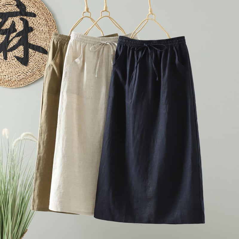 Midi suknja od lana, ležernog A-kroja, japanski minimalistčki umjetnički stil