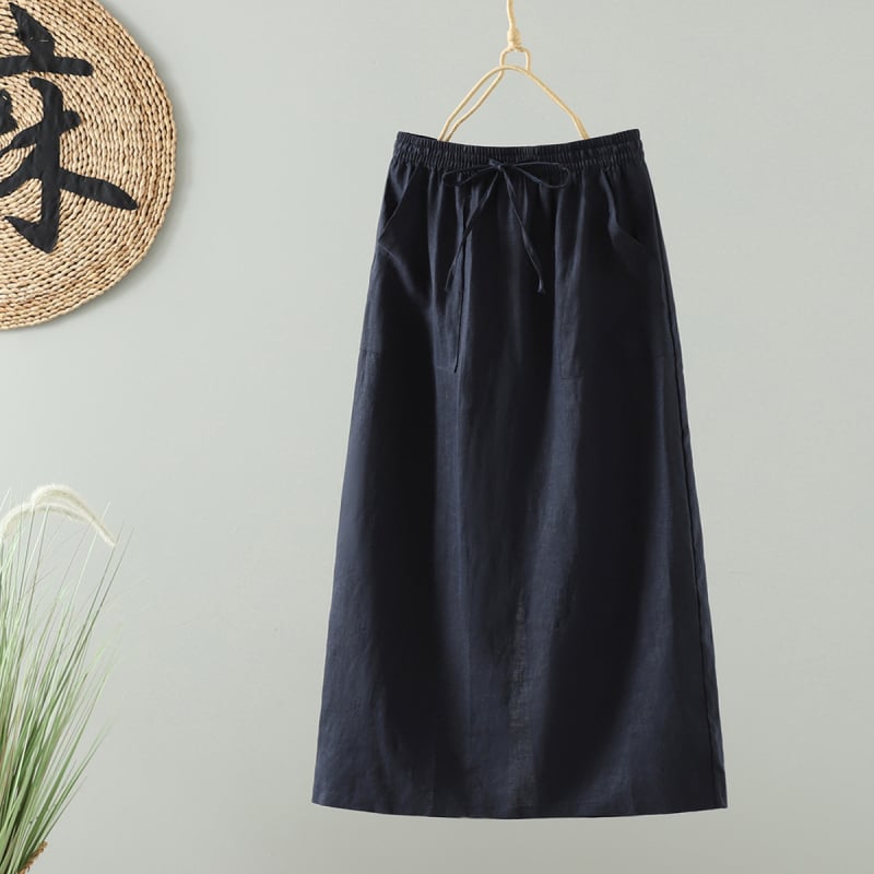 Midi suknja od lana, ležernog A-kroja, japanski minimalistčki umjetnički stil