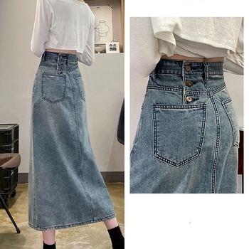 Ženska traper suknja s visokim strukom, vintage stil, plavo isprano denim, jesen 2023, tri gumba i otvor sa šlicom