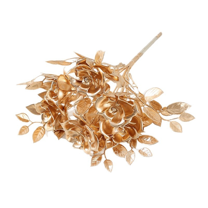 Buchet de trandafiri artificiali aurii, 7 tulpini, decor pentru casă
