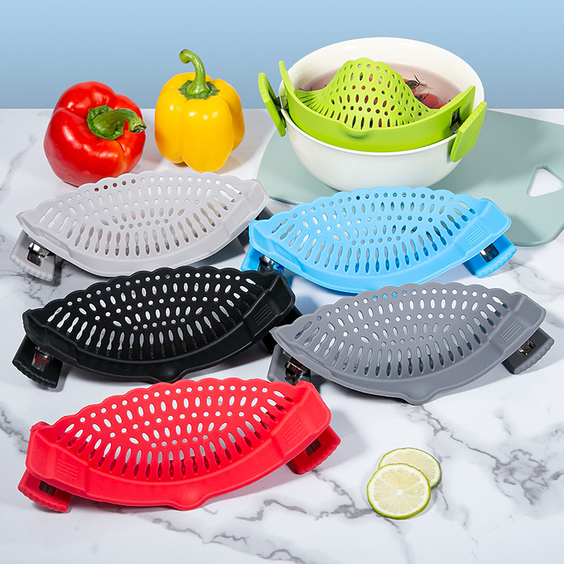 Drenaj din silicon cu clips pentru oale, alimentare, rezistent la temperaturi înalte, pentru paste, legume și fructe.