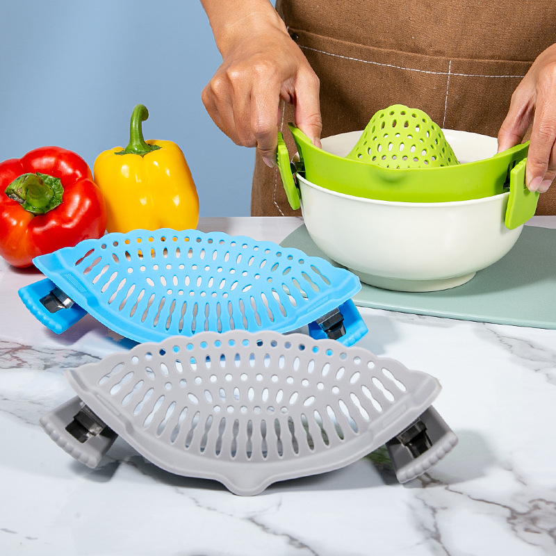 Drenaj din silicon cu clips pentru oale, alimentare, rezistent la temperaturi înalte, pentru paste, legume și fructe.