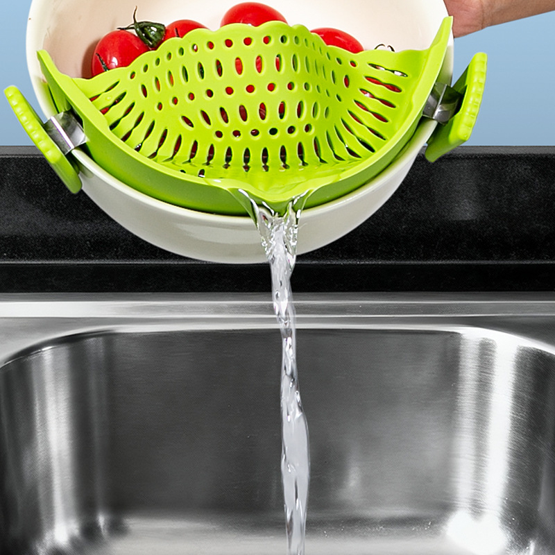 Drenaj din silicon cu clips pentru oale, alimentare, rezistent la temperaturi înalte, pentru paste, legume și fructe.