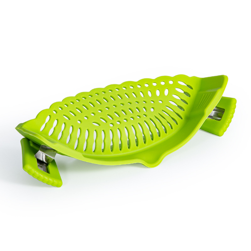 Drenaj din silicon cu clips pentru oale, alimentare, rezistent la temperaturi înalte, pentru paste, legume și fructe.