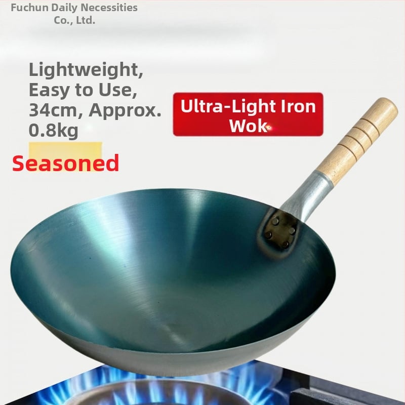 Wok z kovaného železa bez povlaku, určený na komerčné použitie, ľahký a tenký, na smaženie ryže.