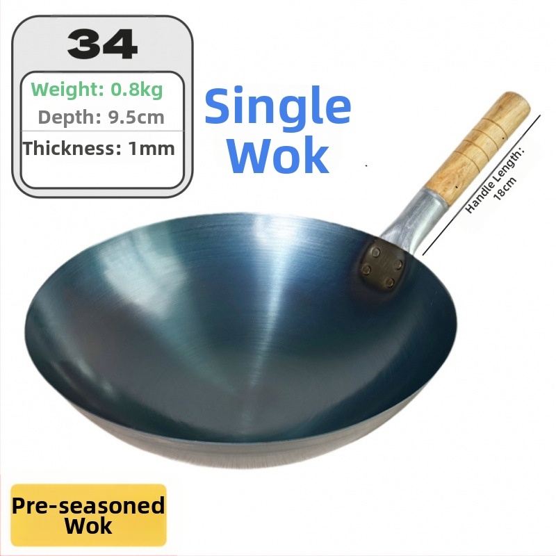 Wok z kovaného železa bez povlaku, určený na komerčné použitie, ľahký a tenký, na smaženie ryže.