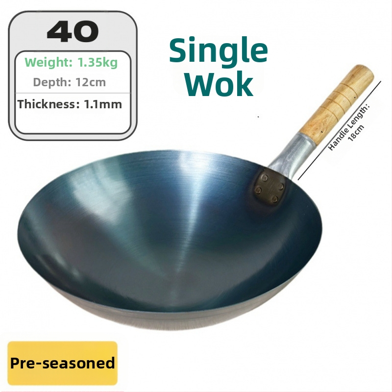 Wok z kovaného železa bez povlaku, určený na komerčné použitie, ľahký a tenký, na smaženie ryže.