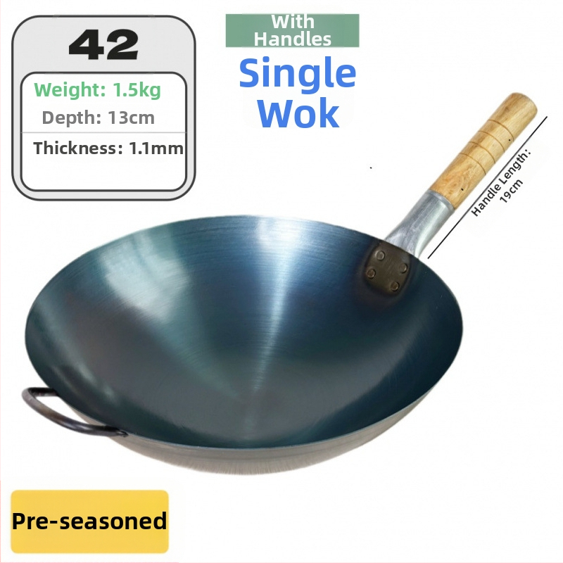 Wok z kovaného železa bez povlaku, určený na komerčné použitie, ľahký a tenký, na smaženie ryže.