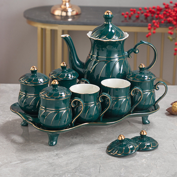 Set ceramic galben glazurat cu aur pentru ceai și apă, portabil, 7 piese, în cutie cadou