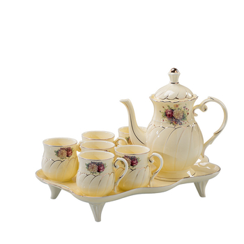 Set ceramic galben glazurat cu aur pentru ceai și apă, portabil, 7 piese, în cutie cadou