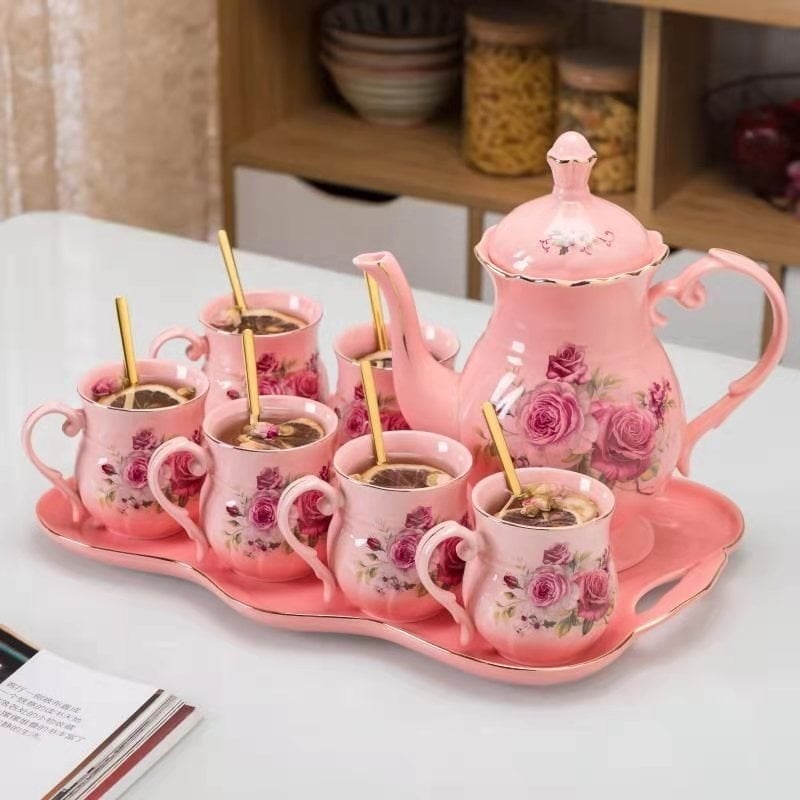 Set ceramic galben glazurat cu aur pentru ceai și apă, portabil, 7 piese, în cutie cadou