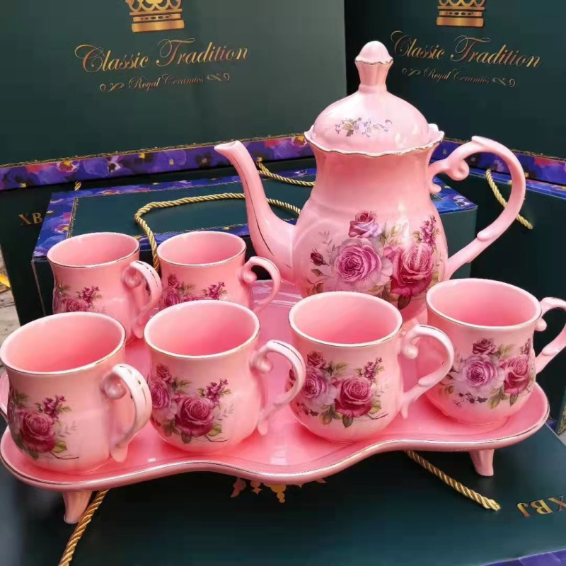 Set ceramic galben glazurat cu aur pentru ceai și apă, portabil, 7 piese, în cutie cadou