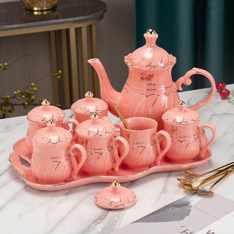 Set ceramic galben glazurat cu aur pentru ceai și apă, portabil, 7 piese, în cutie cadou