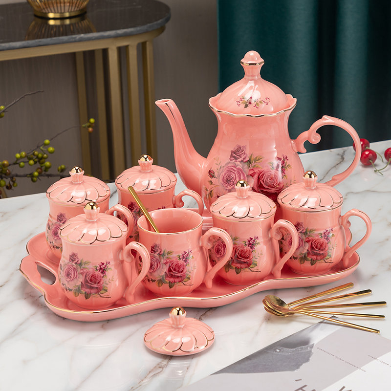 Set ceramic galben glazurat cu aur pentru ceai și apă, portabil, 7 piese, în cutie cadou