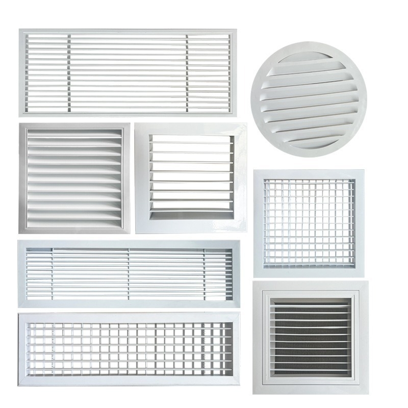 Grilă de ventilație din aliaj de aluminiu, cu ușă articulată cu balamale duble, lamele de un singur rând, lamele rezistente la ploaie pentru climatizare centrală, disc reglabil